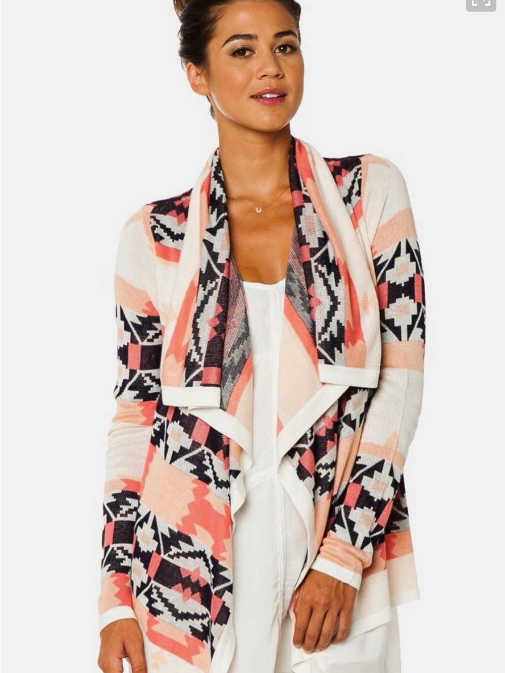 Open-Front Aztec-Print Cardigan in Coral, Cream & Navy